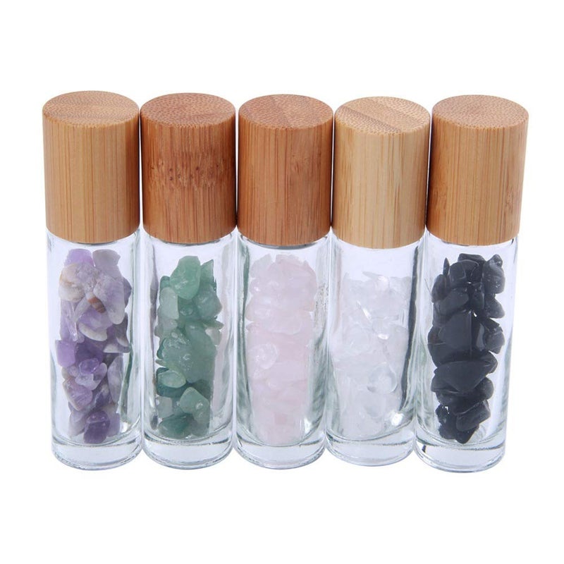 Constore 5 PCS 10ML Gemstone Roller Bottles,Refillable Roll On Bottles with Bamboo Lids Healing Crystal Chips Inside for Perfumes Aromatherapy Oils - Image 1